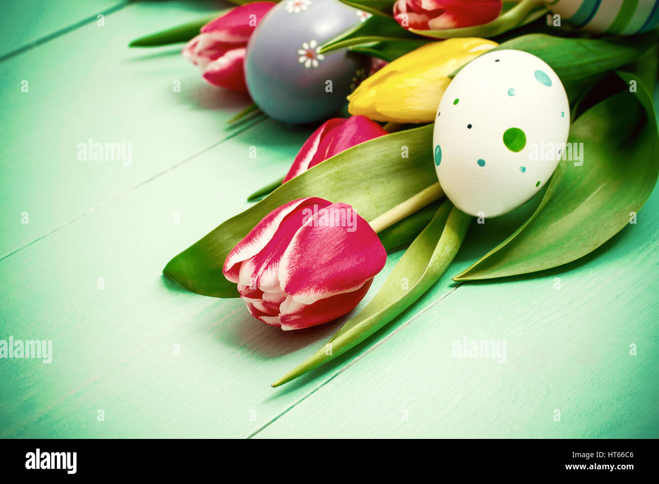 Red and yellow tulips with colorful Easter eggs Stock Photo - Alamy
