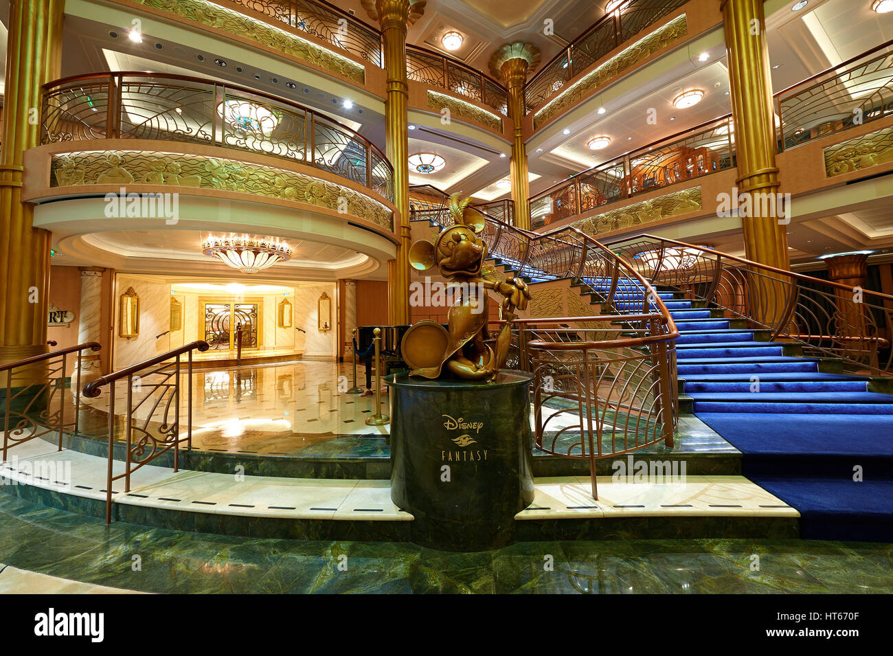 Orlando, USA - April 27, 2015: Interior of main hall in disney cruise ship. Statue of Minnie mouse in disney ship Stock Photo