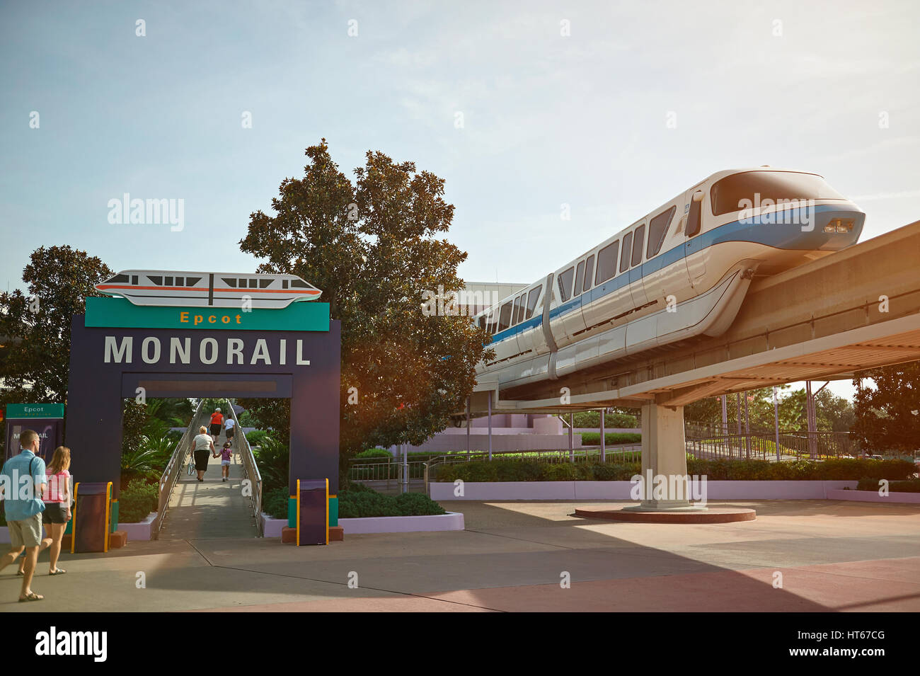 Orlando, USA - August 30, 2012: Entrance to monorail in Disney park. Future transportation in Disney resort park Epcot Stock Photo
