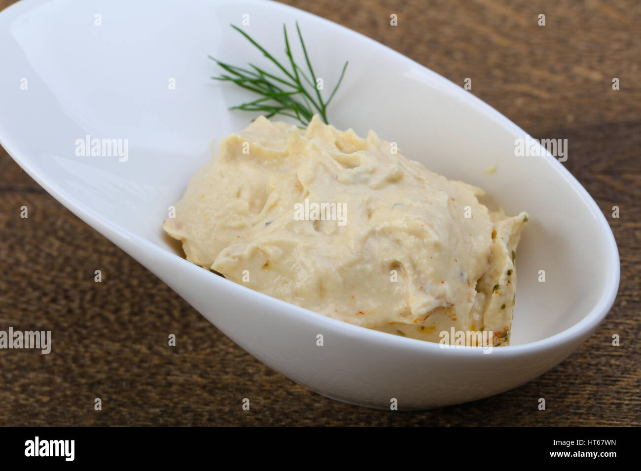 Arabic traditional cusine hummus with dill and cedar nuts Stock Photo