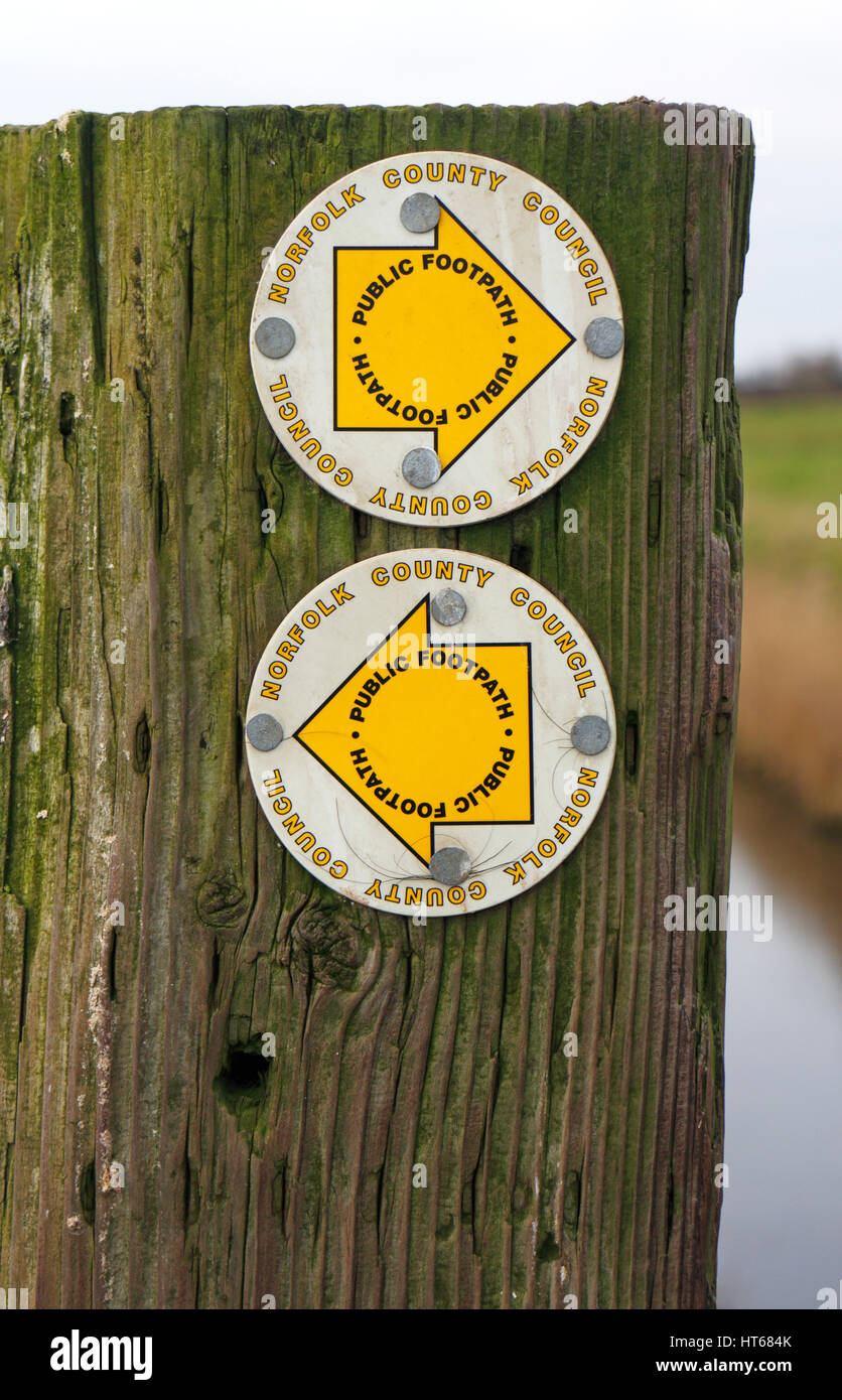 A public footpath sign on the Norfolk Broads at Runham, Norfolk, England, United Kingdom. Stock Photo