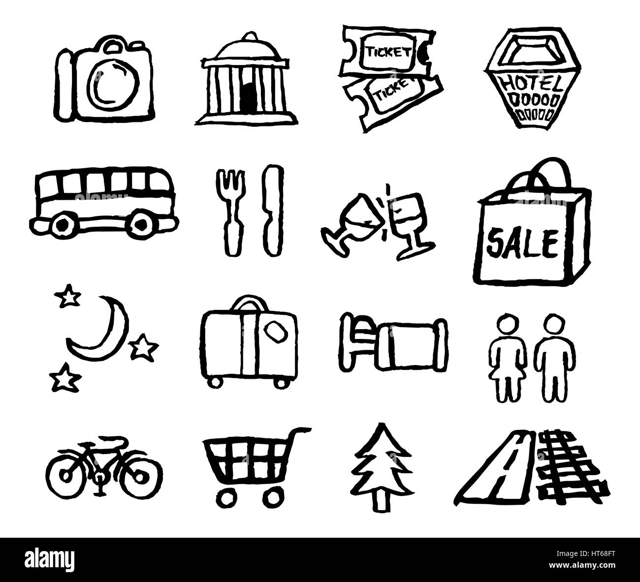 Tourism and travel icons painted with a paintbrush in watercolor ink in grungy hand drawn style then scanned. Stock Photo