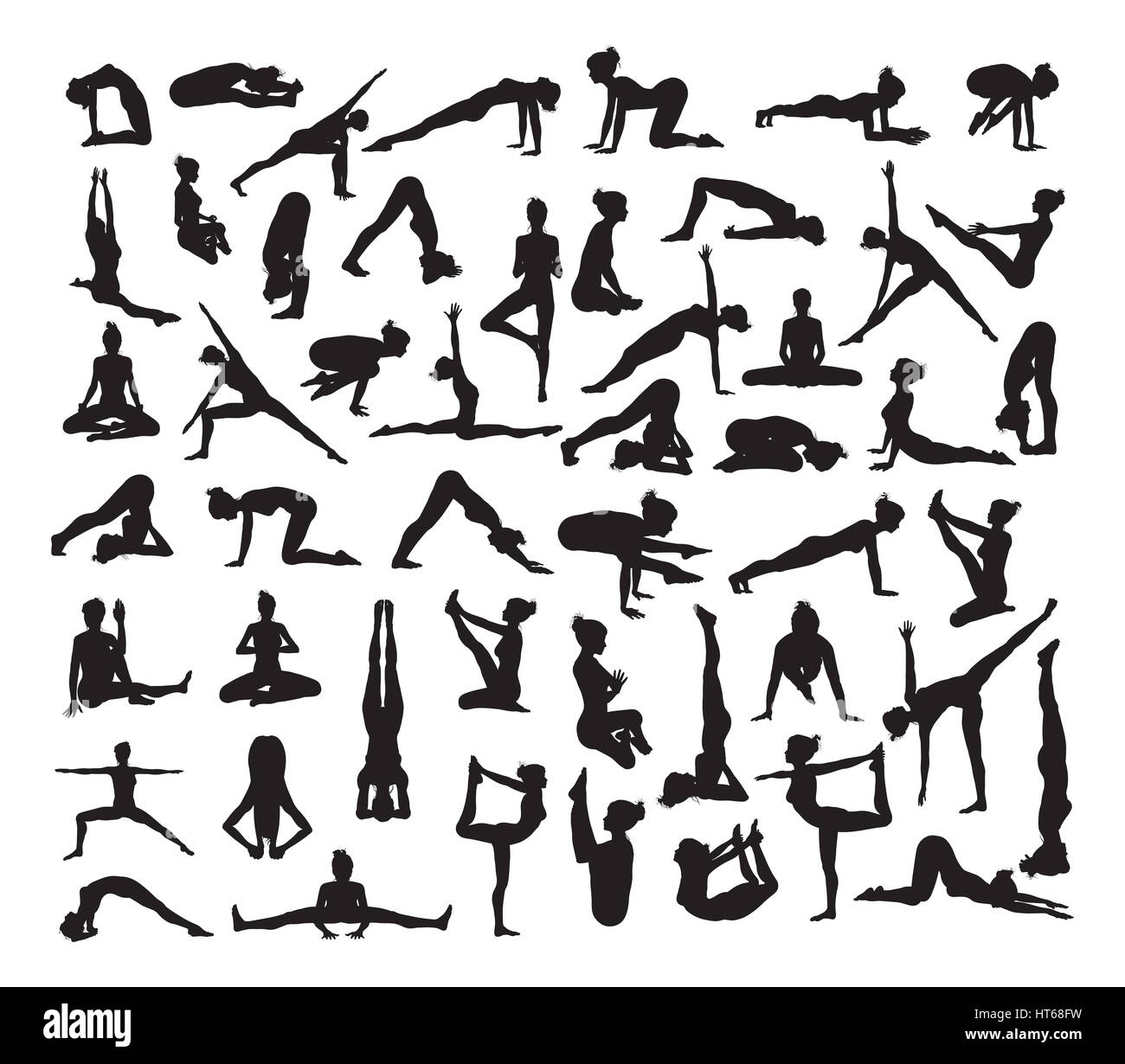 A set of detailed yoga poses and postures silhouettes Stock Photo