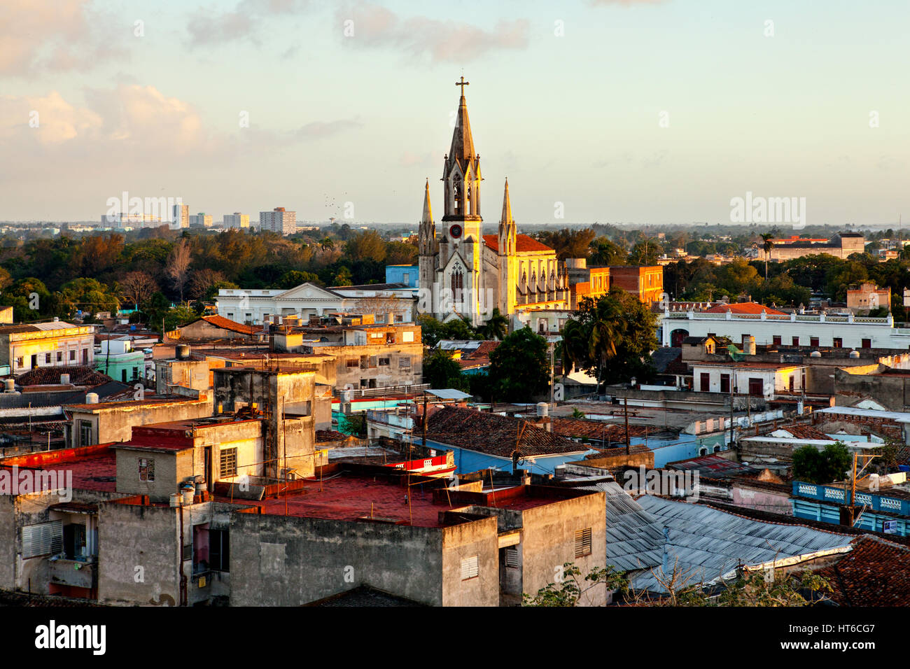 Camaguey, Cuba - December 19, 2016:  Camaguey (UNESCO World Heritage Centre) from above. View of the roofs and the  Sacred Heart of Jesus Cathedral (I Stock Photo