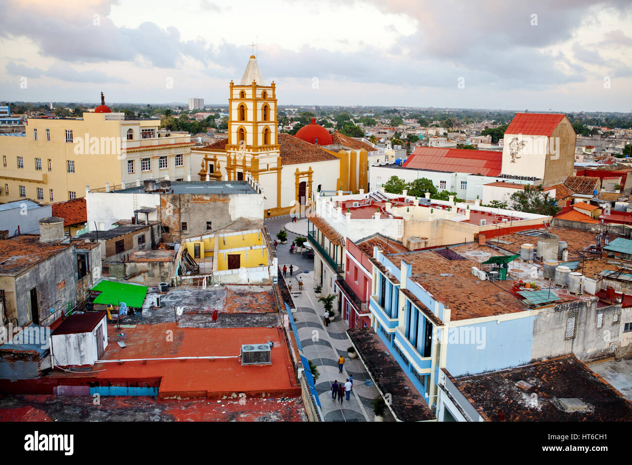 Camaguey, Cuba - December 19, 2016:  Camaguey (UNESCO World Heritage Centre) from above. View of the pedestrian street Maceo towards Soledad church.   Stock Photo