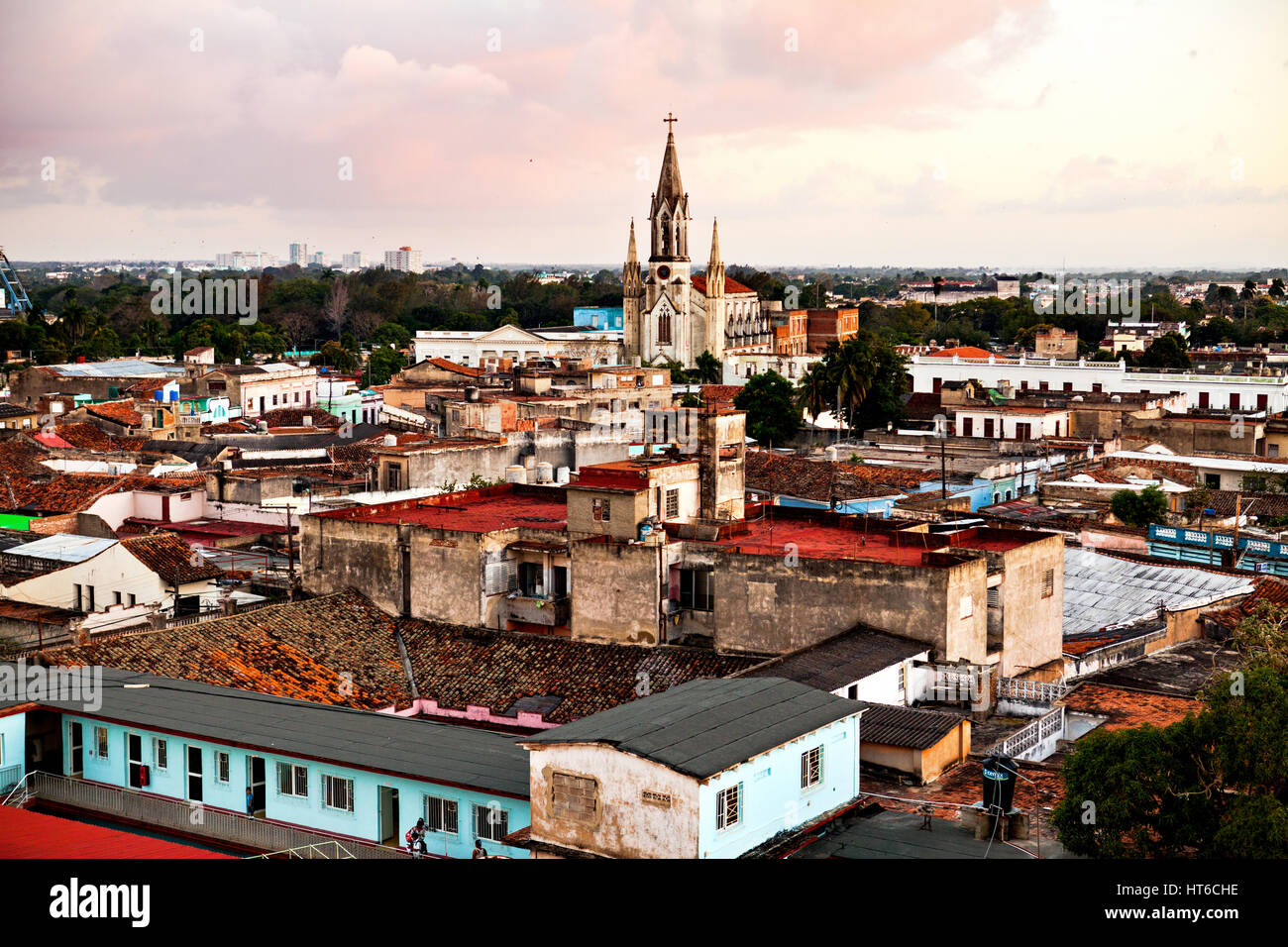 Camaguey, Cuba - December 19, 2016:  Camaguey (UNESCO World Heritage Centre) from above. View of the roofs and the  Sacred Heart of Jesus Cathedral (I Stock Photo