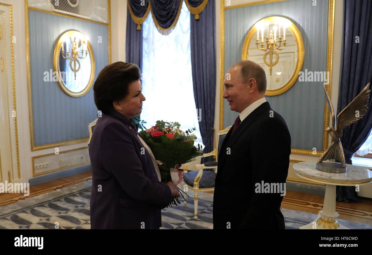 Russian President Vladimir Putin congratulates cosmonaut Valentina Tereshkova, on her 80th birthday at the Kremlin March 6, 2017 in Moscow, Russia. Tereshkova was the first woman in space aboard the Vostok 6 on June 16, 1963. Stock Photo