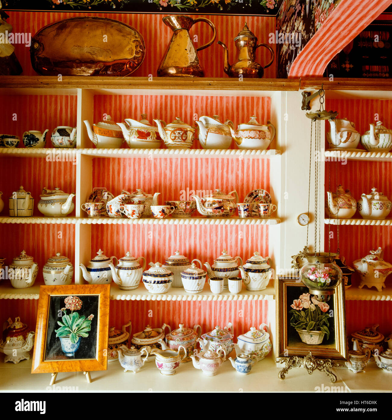 Collection of tableware on shelf. Stock Photo