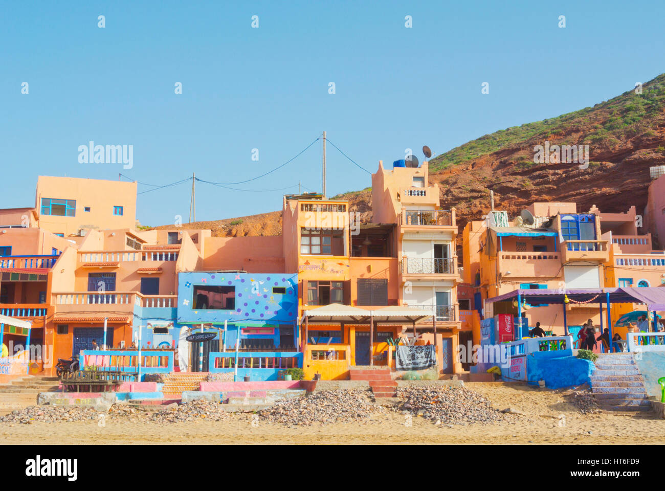 Cafes, restaurants and hotels, Legzira Plage, southern Morocco Stock Photo