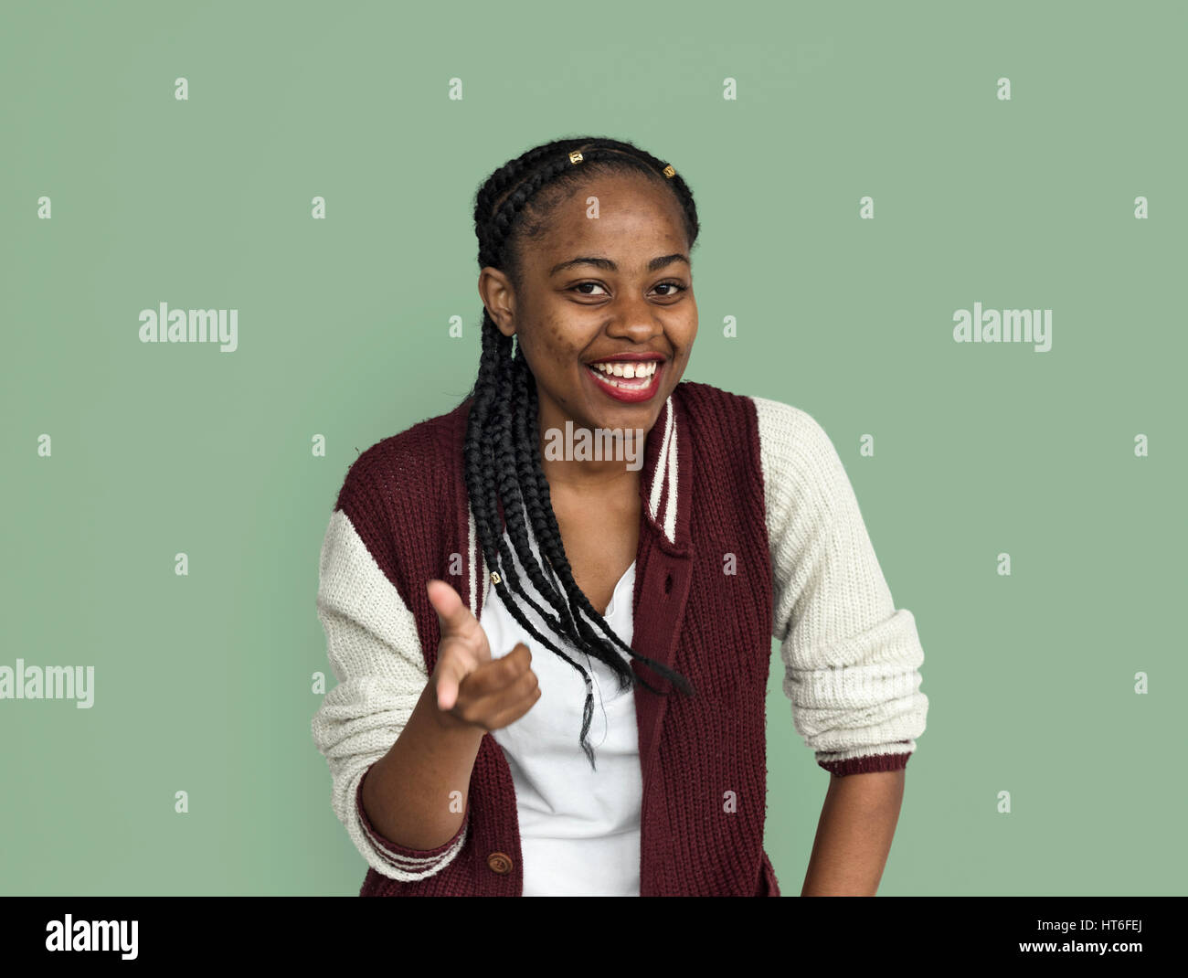 Young black girl cheerful hand gesture portrait Stock Photo - Alamy