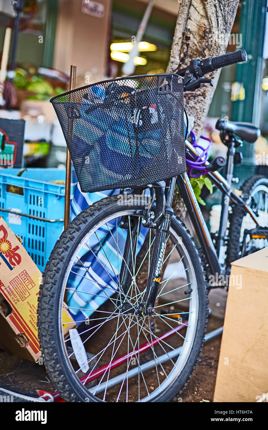Honolulu; Hawaii; USA - August 6; 2016: Vendor bicycle in the Chinatown Historic District; a popular local destination and tourist attraction. Stock Photo