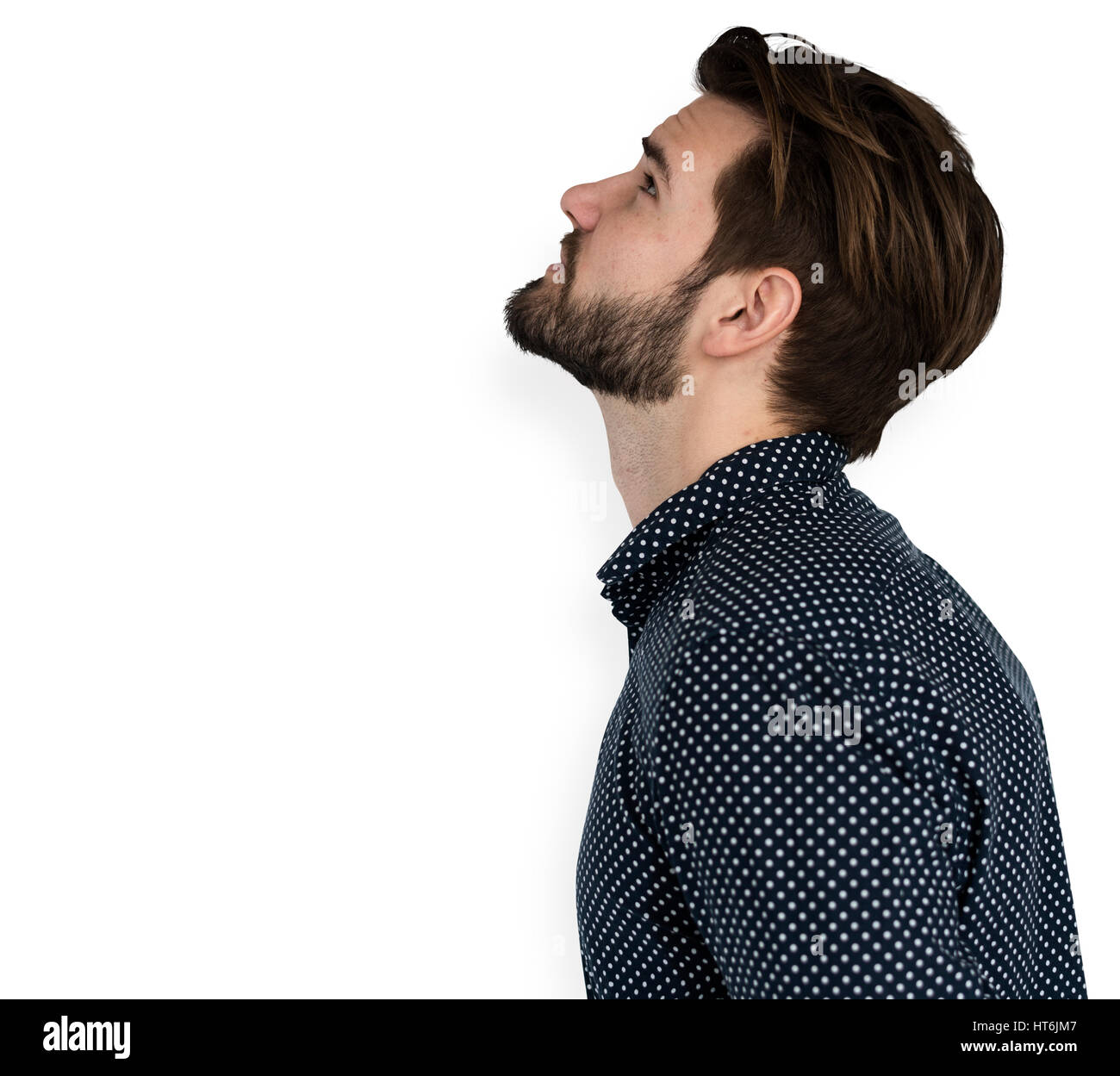Man Curious Thinking Look up SIde View Portrait Stock Photo