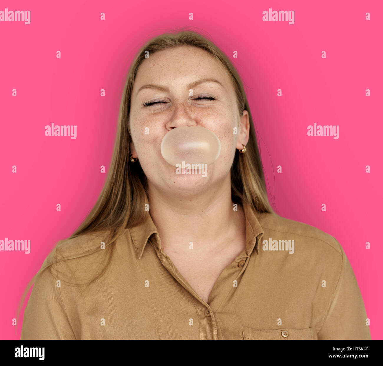 Caucasian Woman Bubble Gum Stock Photo Alamy