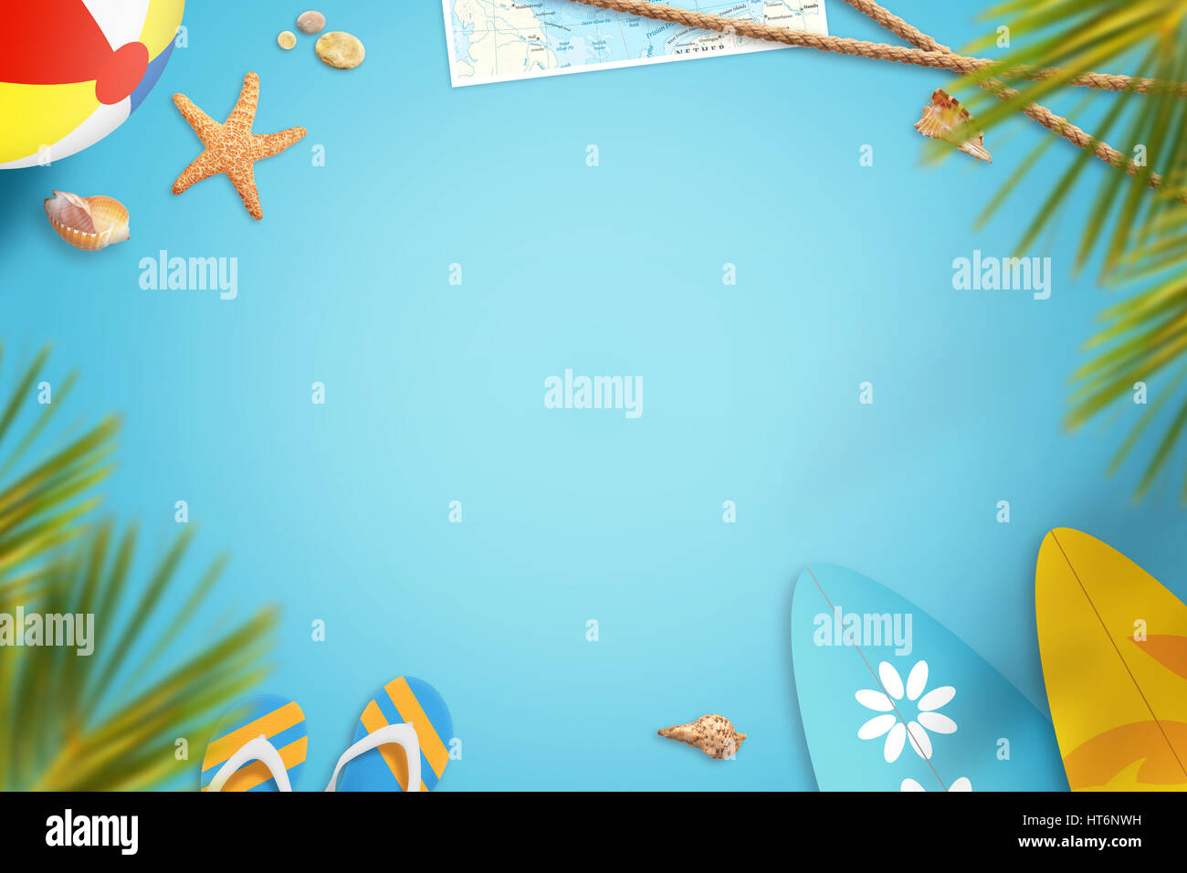 Summer beach vacation travel background image with free space for text. Items for entertainment at beach in the shade of palm trees. Stock Photo