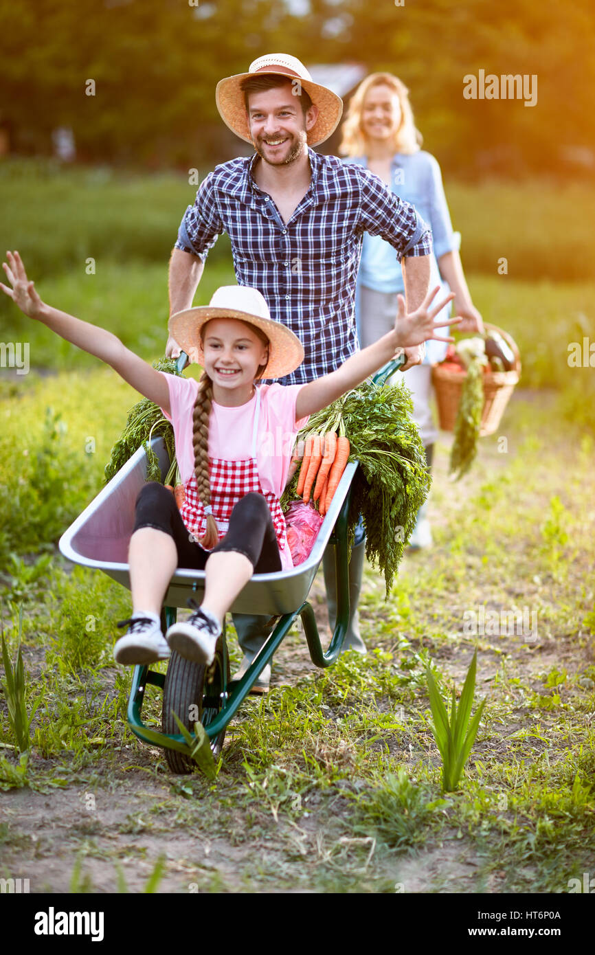 Very cheerful daughter in wheelbarrow with father Stock Photo - Alamy
