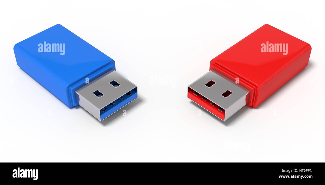 3d illustration of red and blue usb sticks. isolated on white Stock
