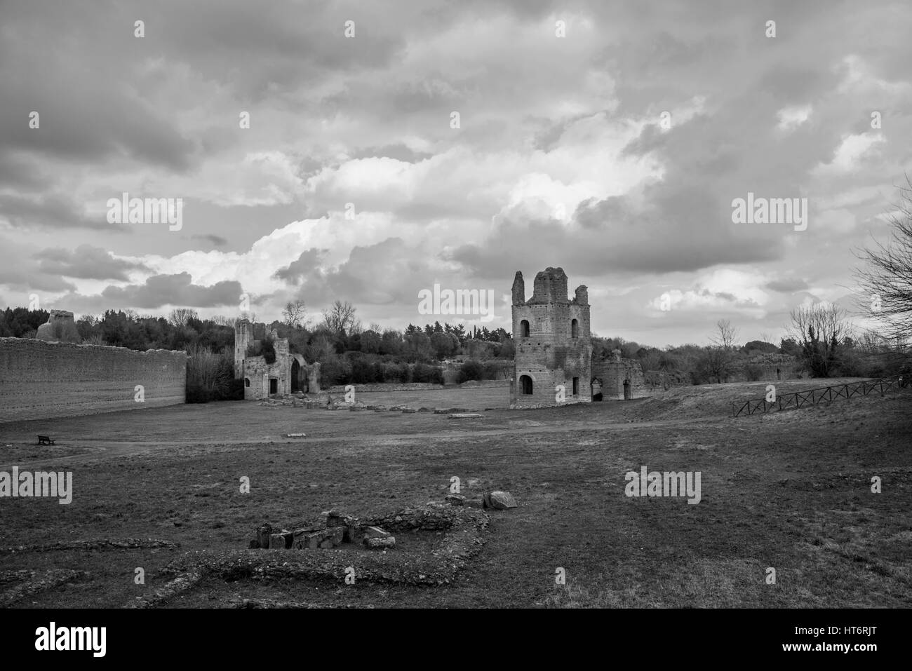 Circus of Maxentius ruins along Old Appian Way, with beautiful clouds (black and white) Stock Photo
