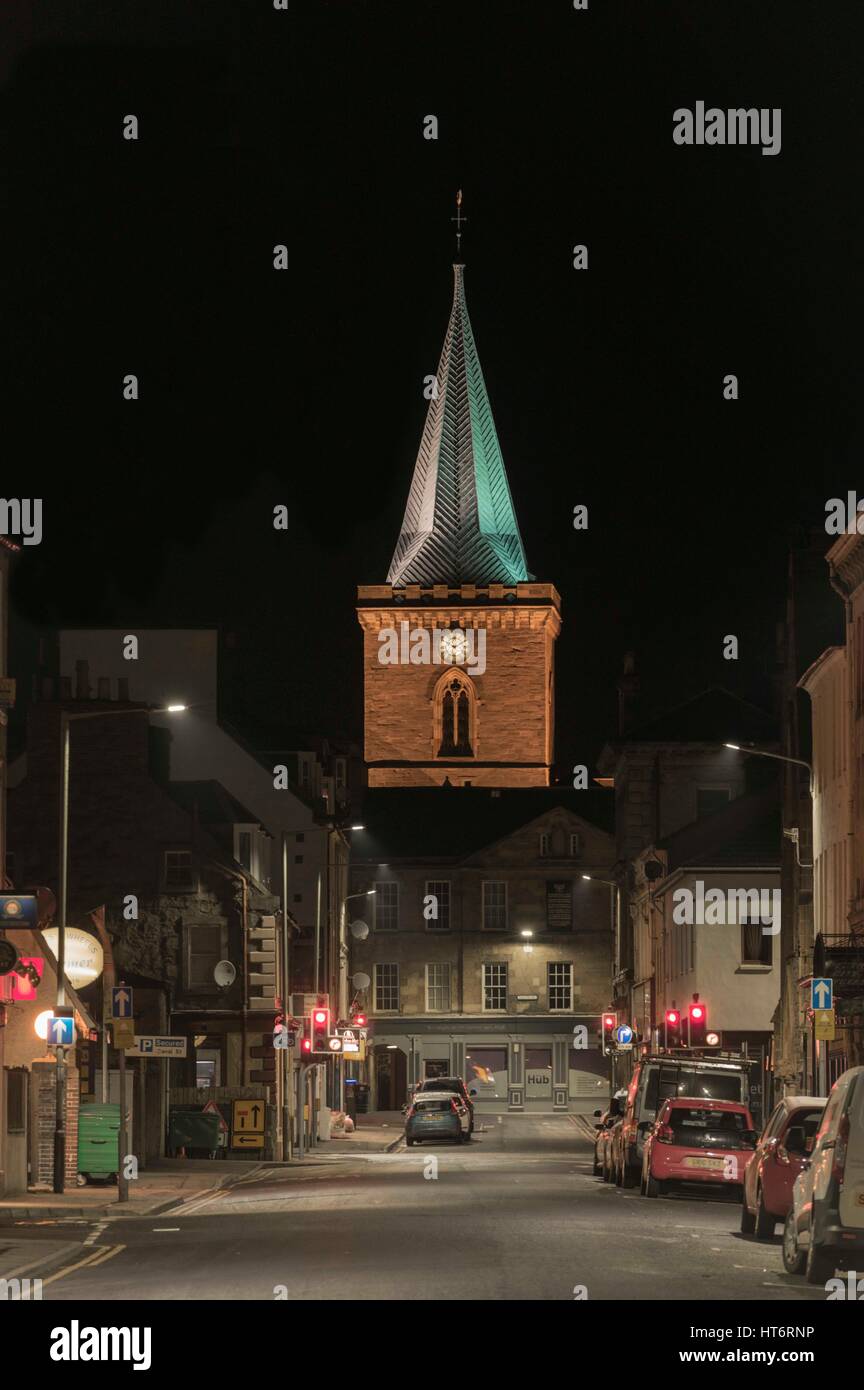 St John's Kirk clock tower and leaded spire overlook Perth city centre at night,Perth,Scotland,UK, Stock Photo