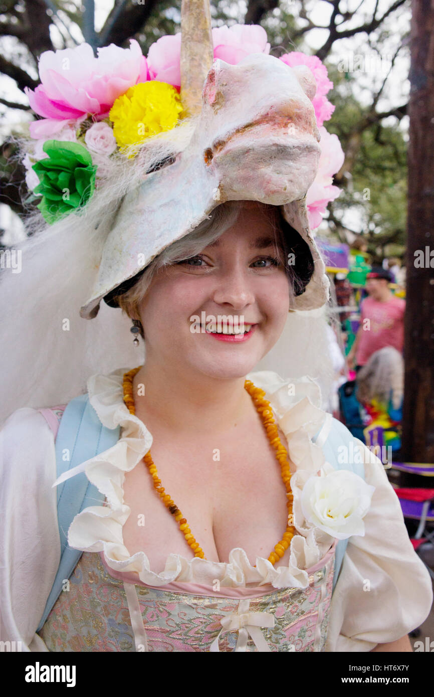 Young woman in unicorn costume on Mardi Gras day, New Orleans. Stock Photo