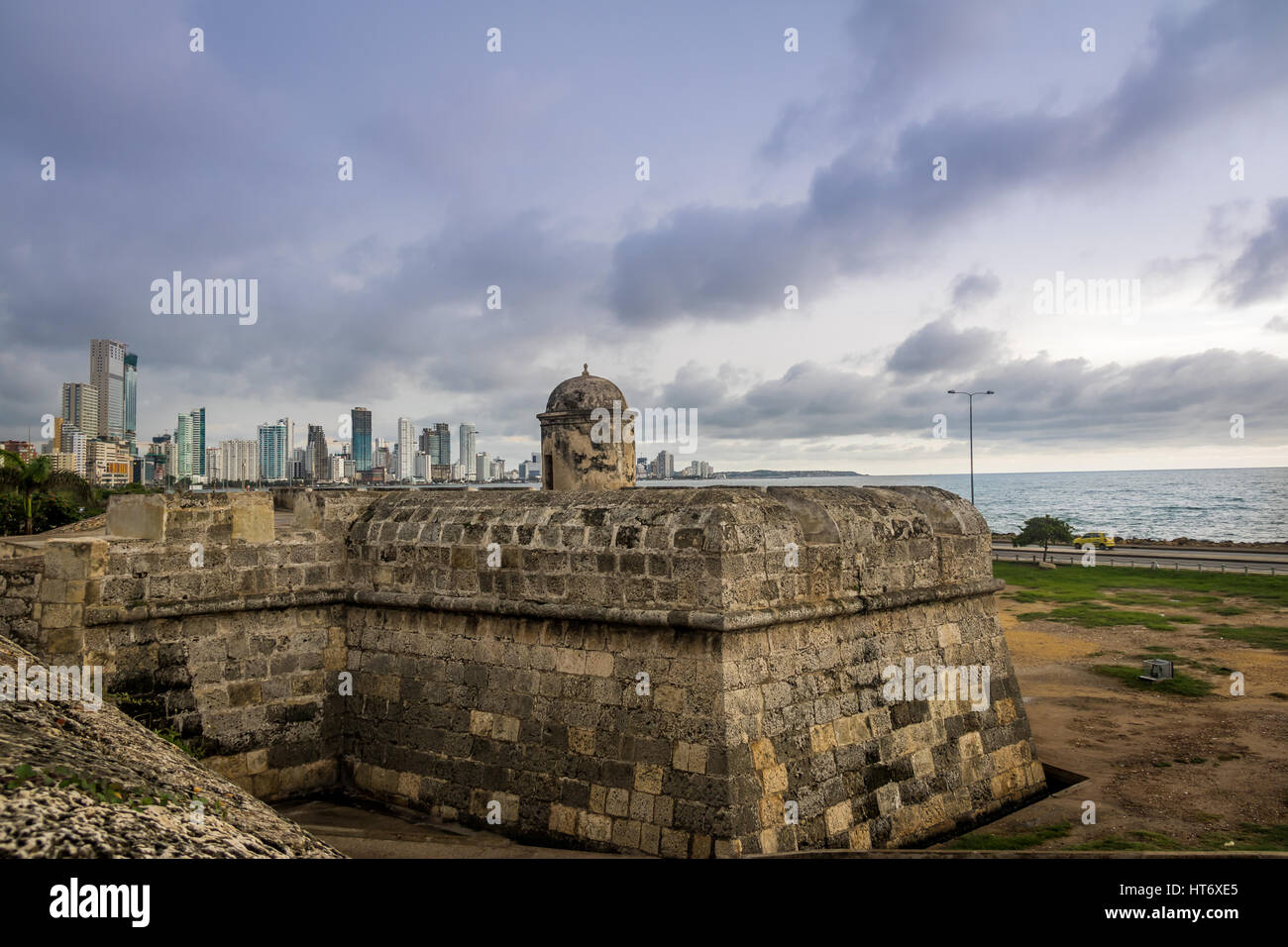 Contrast of Old Walled city and Modern Bocagrande skyline - Cartagena de Indias, Colombia Stock Photo