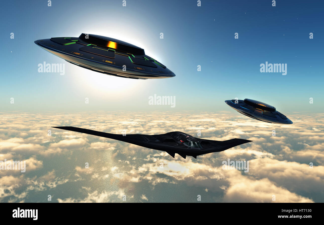 A B-2 Stealth Bomber, Being Escorted By A Pair Of UFOs. Stock Photo