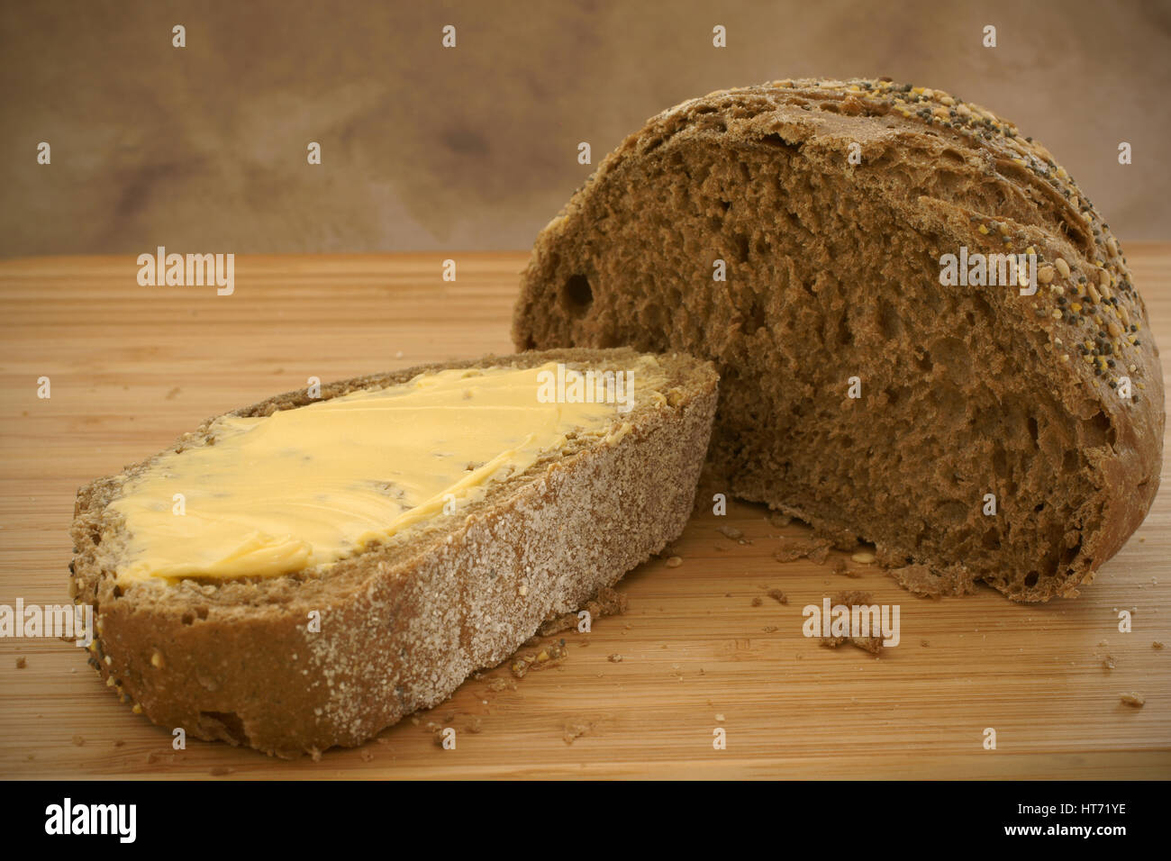 Buttered Rye bread in natural light Stock Photo