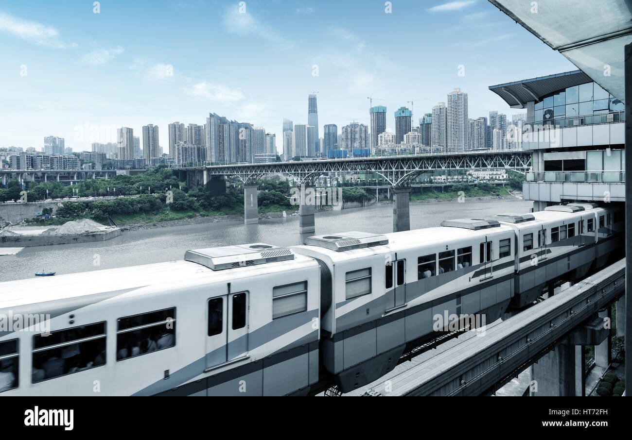 light rail moving on railway in chongqing Stock Photo