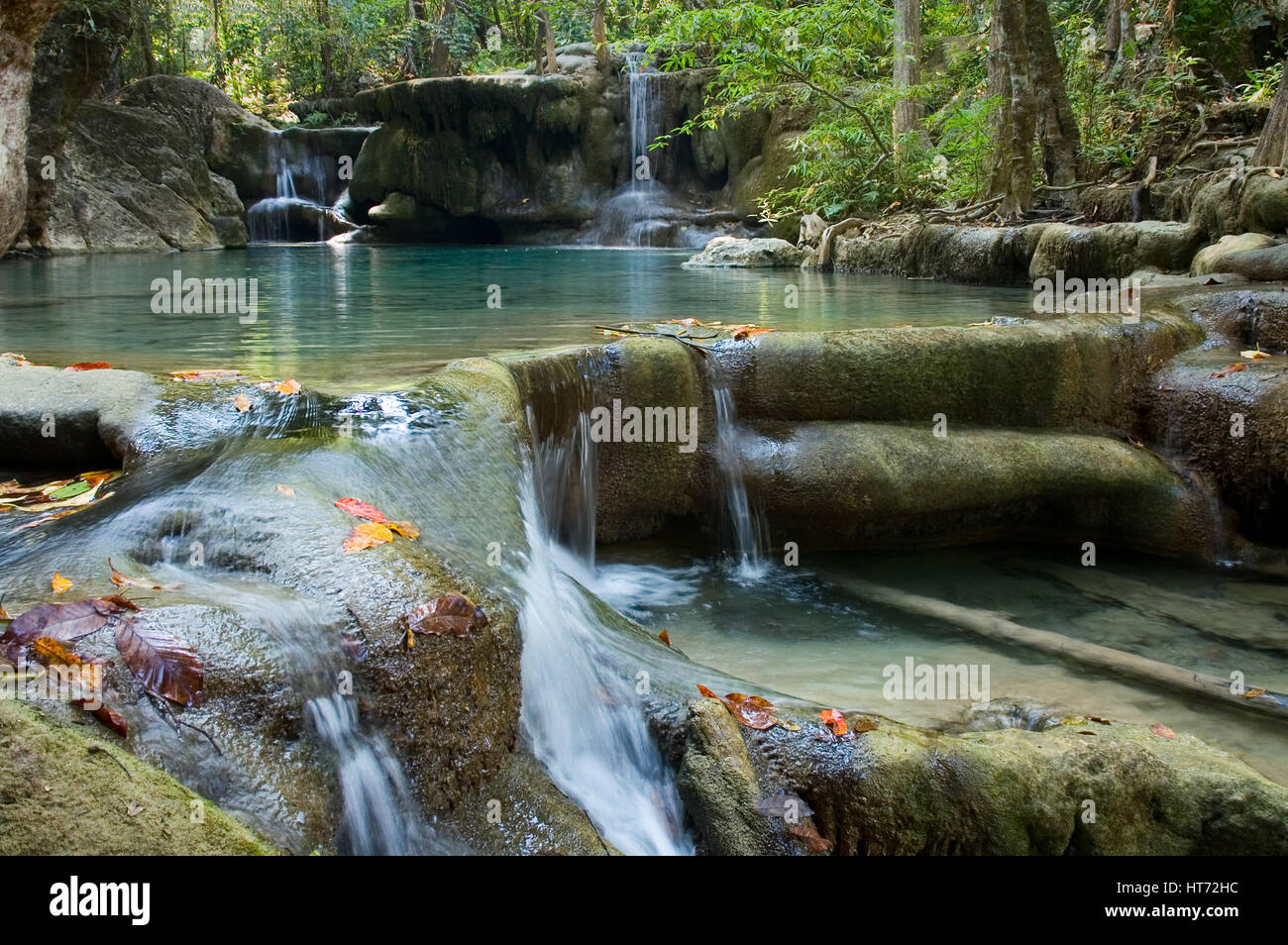 Erawan or Elephant Falls near Kanchanaburi in Thailand. Stock Photo