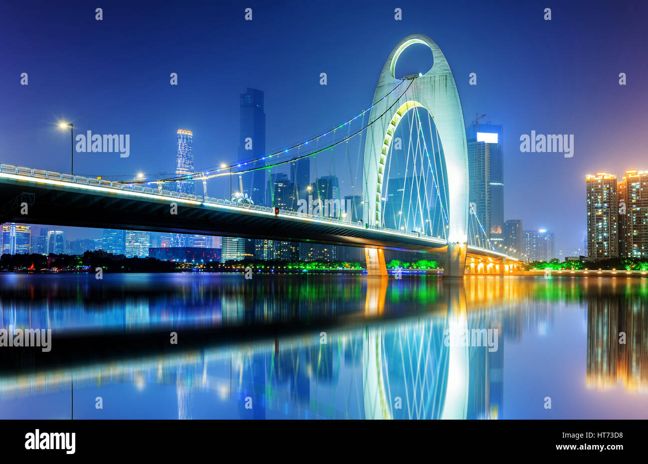cable stayed bridge over a river at night Stock Photo - Alamy