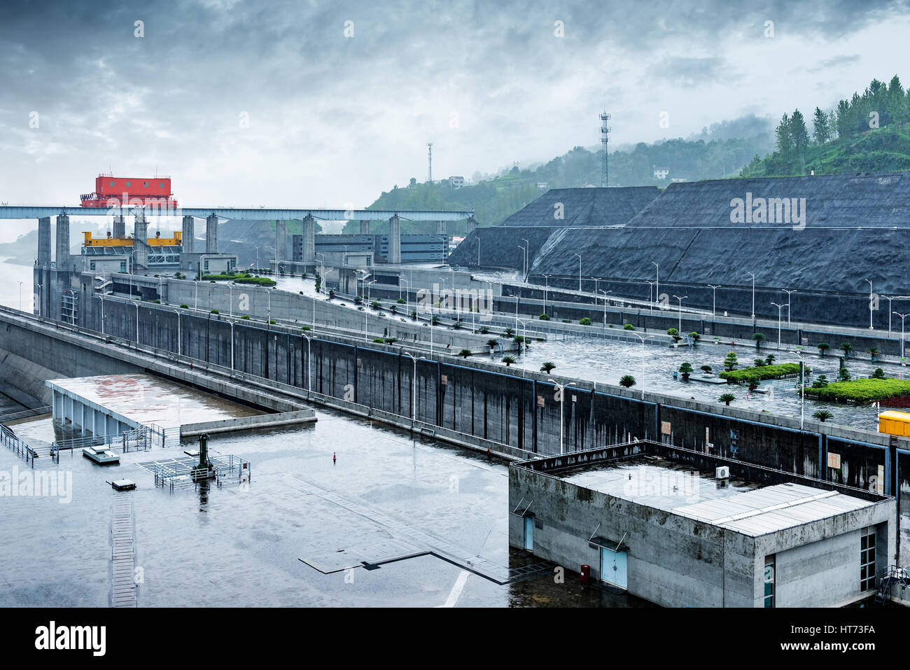 China Yangtze River Three Gorges Dam in the rain. Stock Photo