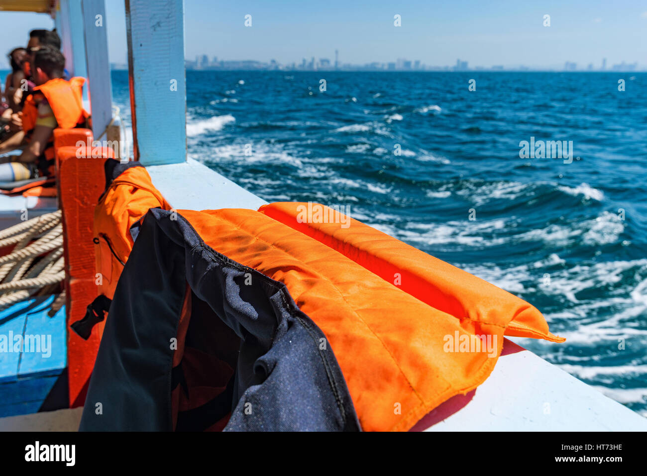 Life jacket on a boat with the ocean in the background Stock Photo Alamy