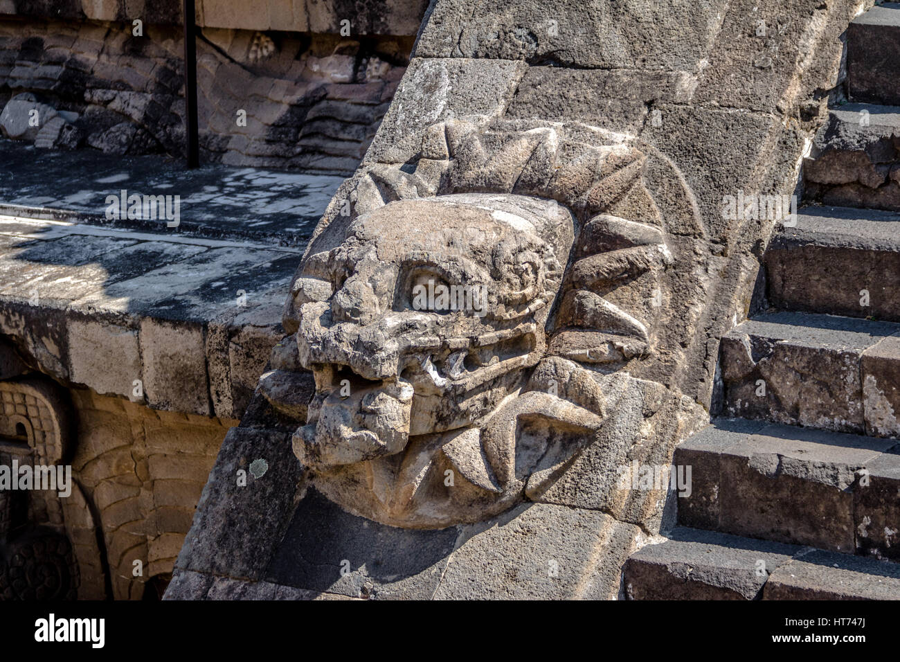 Carving details of Quetzalcoatl Pyramid at Teotihuacan Ruins - Mexico City, Mexico Stock Photo