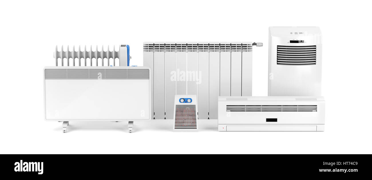 Different types of domestic electric heaters on white background Stock