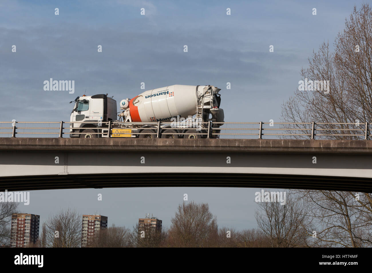 Hanson cement mixer on the A5 bypass West Midlands Stock Photo