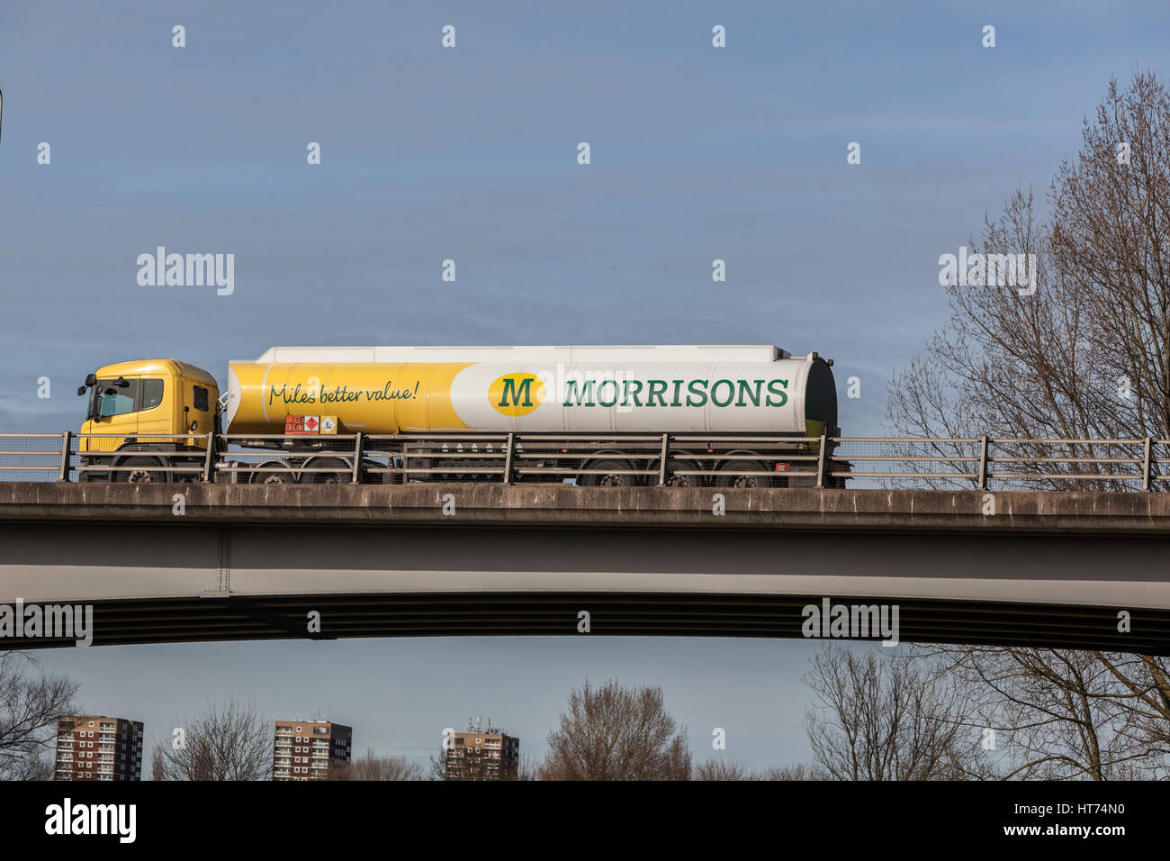 Morrison's fuel tanker on the road in the Midlands Stock Photo Alamy