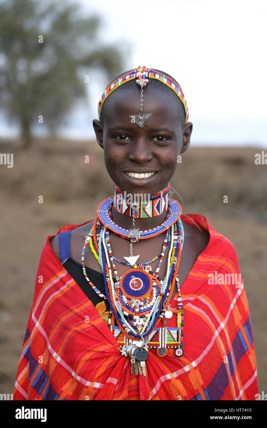 Masai married woman wearing traditional colourful beadwork. Kenya Stock