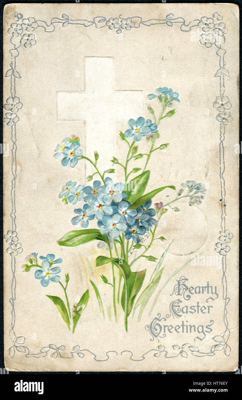 USA - CIRCA 1906: A Easter postcard printed in USA, shows of spring flowers on a background of the Christian cross, circa 1906 Stock Photo