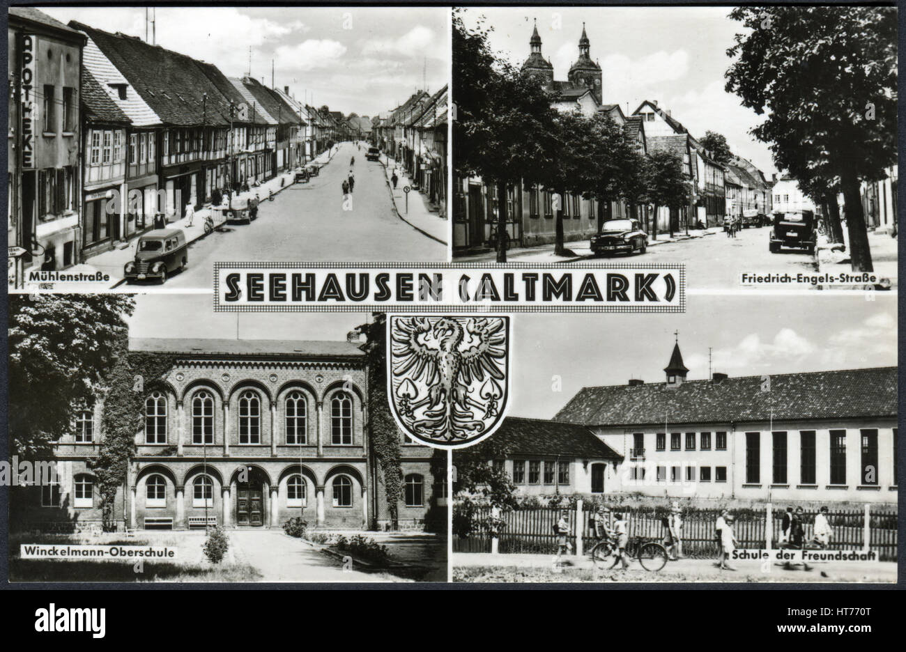 GERMANY - CIRCA 1969: A postcard printed in Germany, shows the landmarks of Seehausen (Altmark), circa 1969 Stock Photo