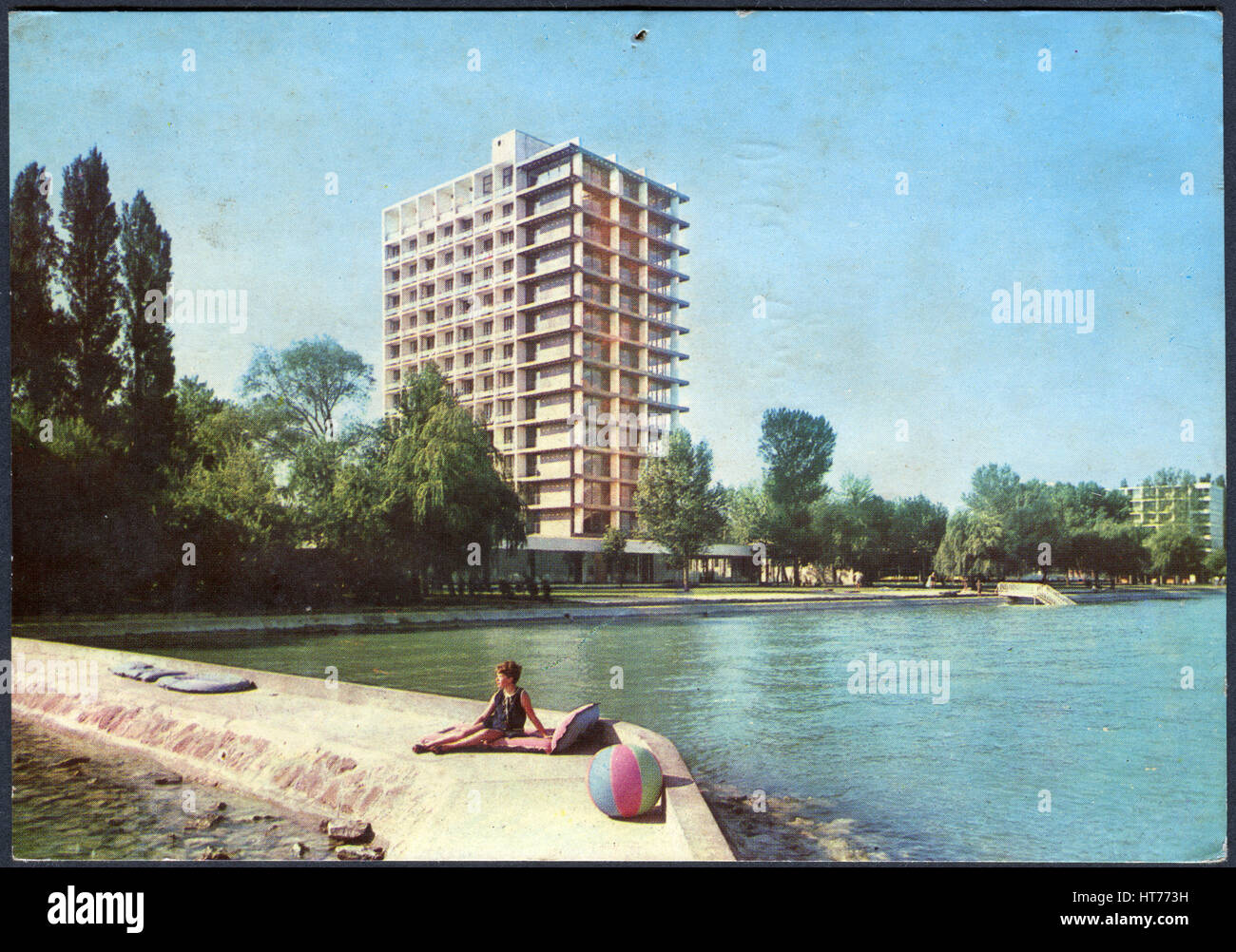 HUNGARY - CIRCA 1969: A postcard printed in Hungary, shows the Hotel Europe, Siofok, Lake Balaton, circa 1969 Stock Photo