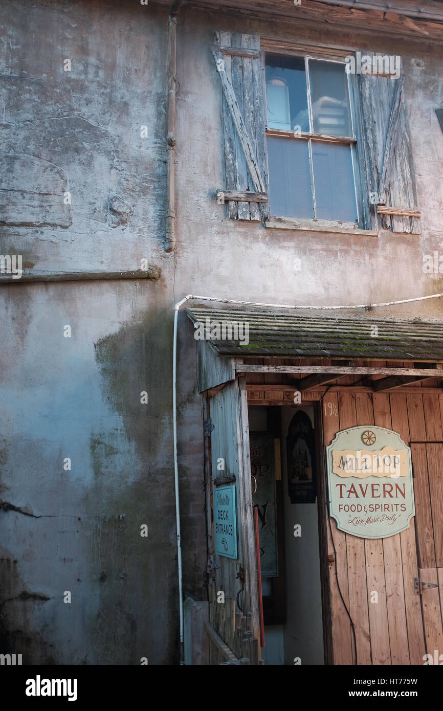 An old tavern and mill welcome weary travelers and offer food, drink, and a place to rest in the timeless Spanish city of Saint Augustine, Florida. Stock Photo