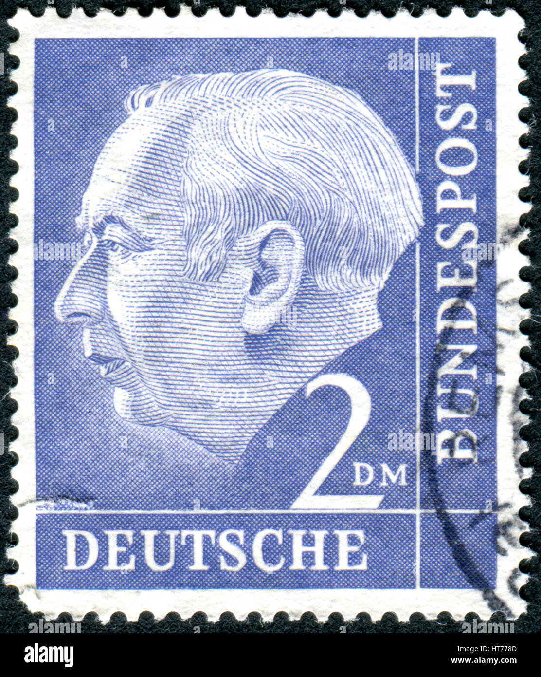 GERMANY - CIRCA 1954: A stamp printed in Germany, shows the 1st President of the Federal Republic of Germany, Prof. Dr. Theodor Heuss, circa 1954 Stock Photo