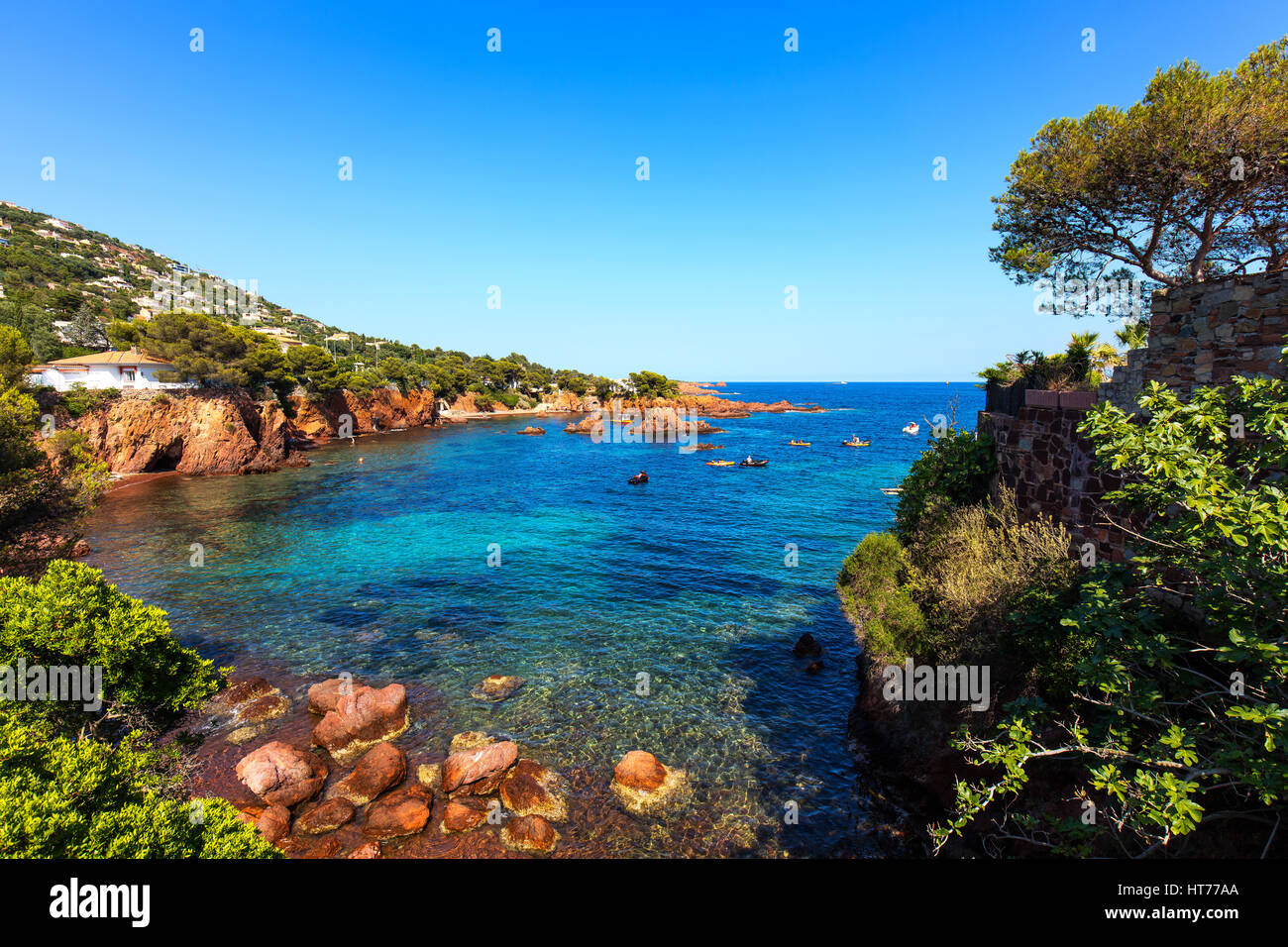 Esterel mediterranean red rocks coast, beach and sea. French Riviera in Cote d Azur near Saint Raphael, Provence, France, Europe. Stock Photo