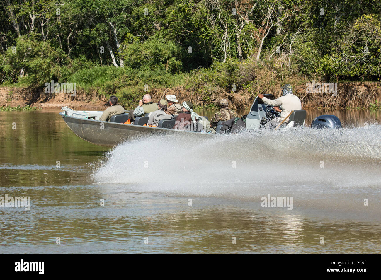 Boat full of tourists racing off to a new report of a jaguar, on the Cuiaba river, in the Pantanal region of Mato Grosso, Brazil, South America.  Boat Stock Photo