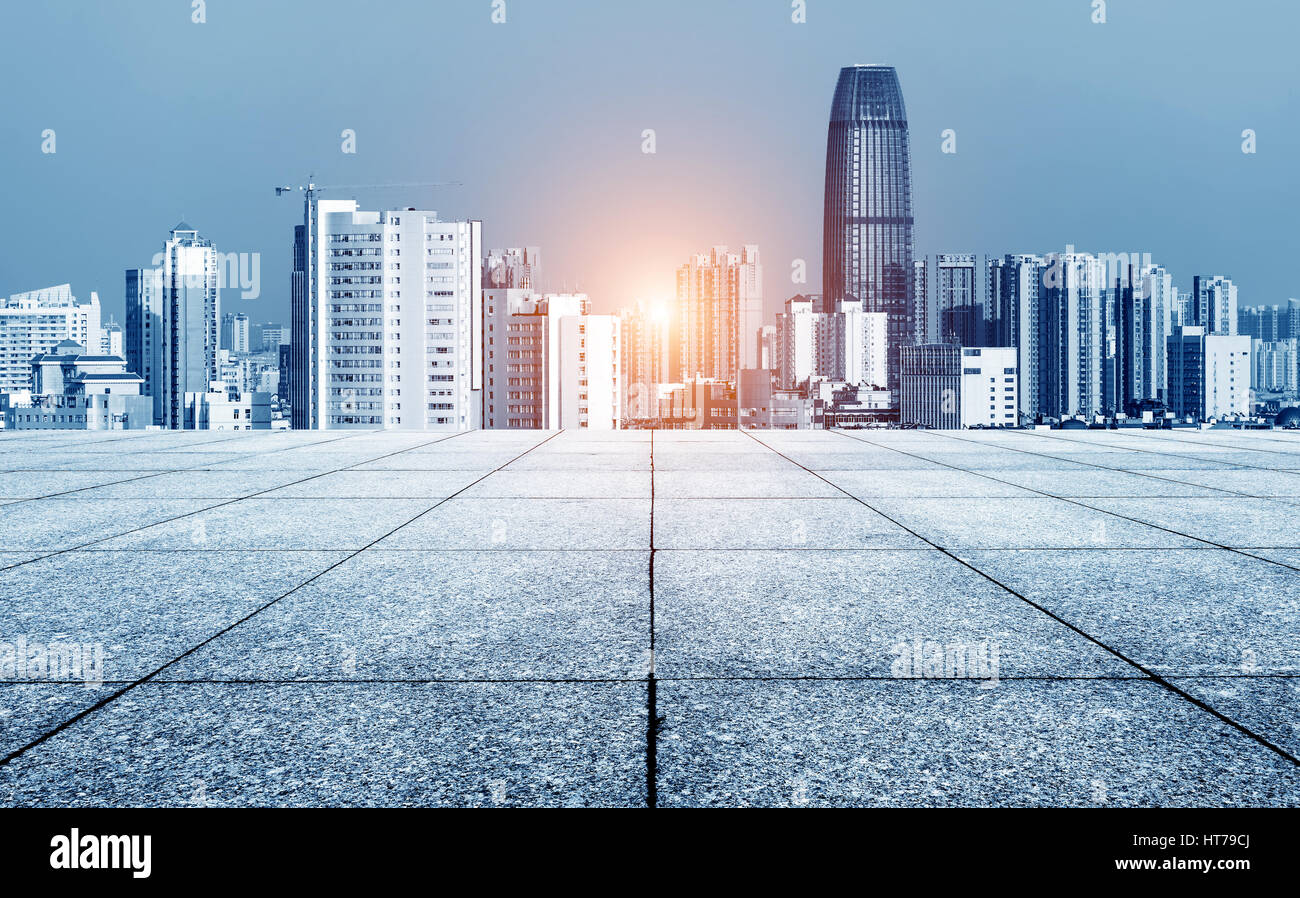 Panoramic Skyline And Buildings With Empty Concrete Square Floor Stock Photo Alamy