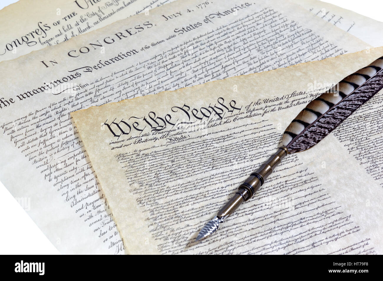 US Constitution, Declaration of Independence, Bill of Rights with a Quill pen and shallow depth