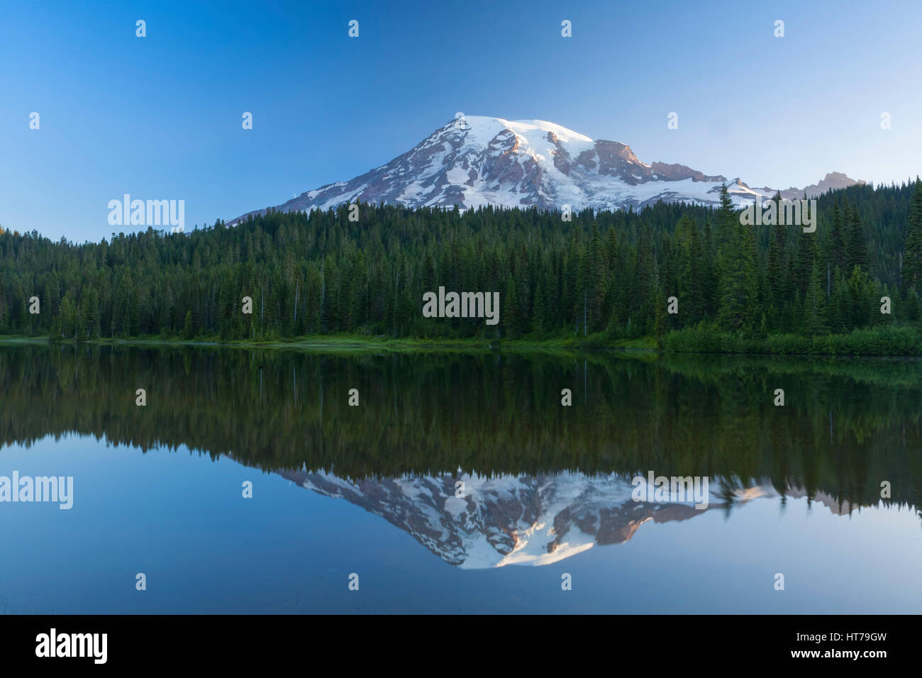 Mt Rainier (elev 14,410) at sunrise with Reflection Lakes in the foreground, Mount Rainier National Park, WA, USA Stock Photo