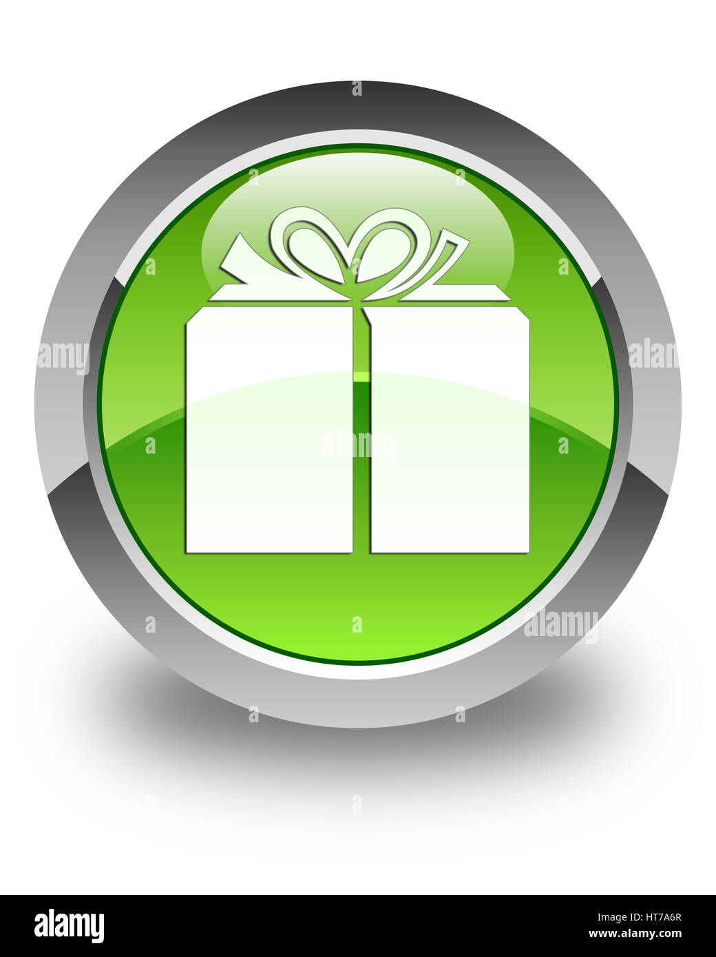 Gift box icon isolated on glossy green round button abstract ...