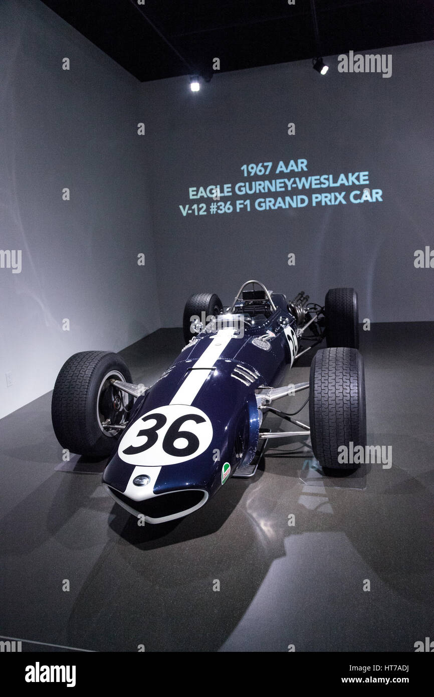Los Angeles, CA, USA — March 4, 2017: Blue and white 1967 AAR Eagle Gurney-Weslake V-12 Grand Prix car from the Collier collection at the Petersen Aut Stock Photo