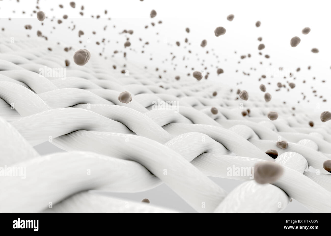 An extreme magnification of white individual fabric threads being ...