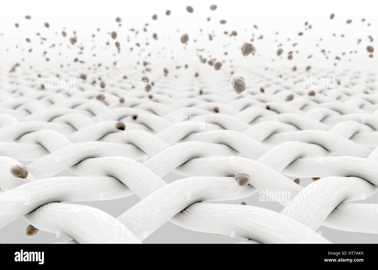 An extreme magnification of white individual fabric threads being ...